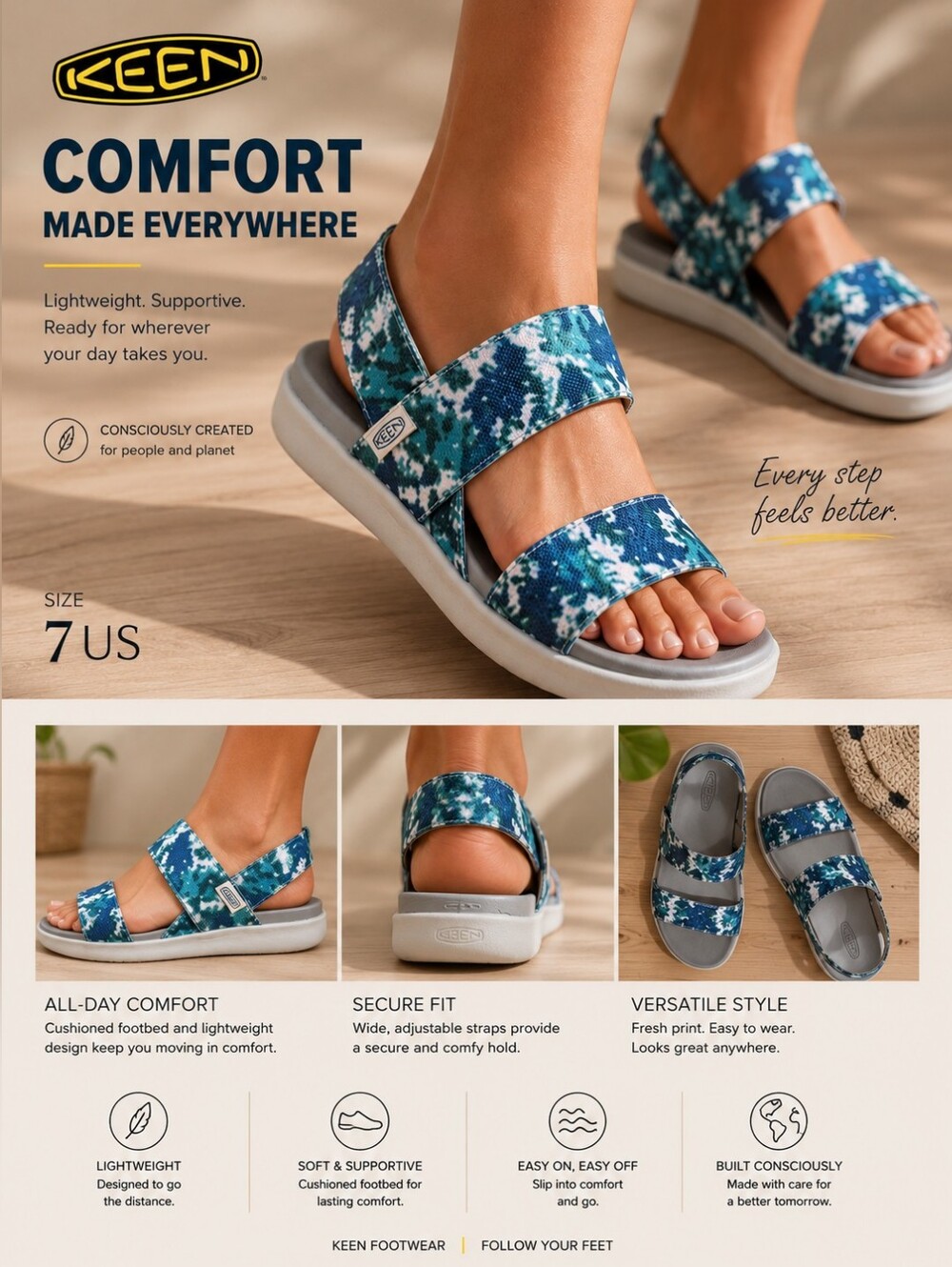 KEEN - Women's Blue-Green Patterned Strappy  Slip On Sandals